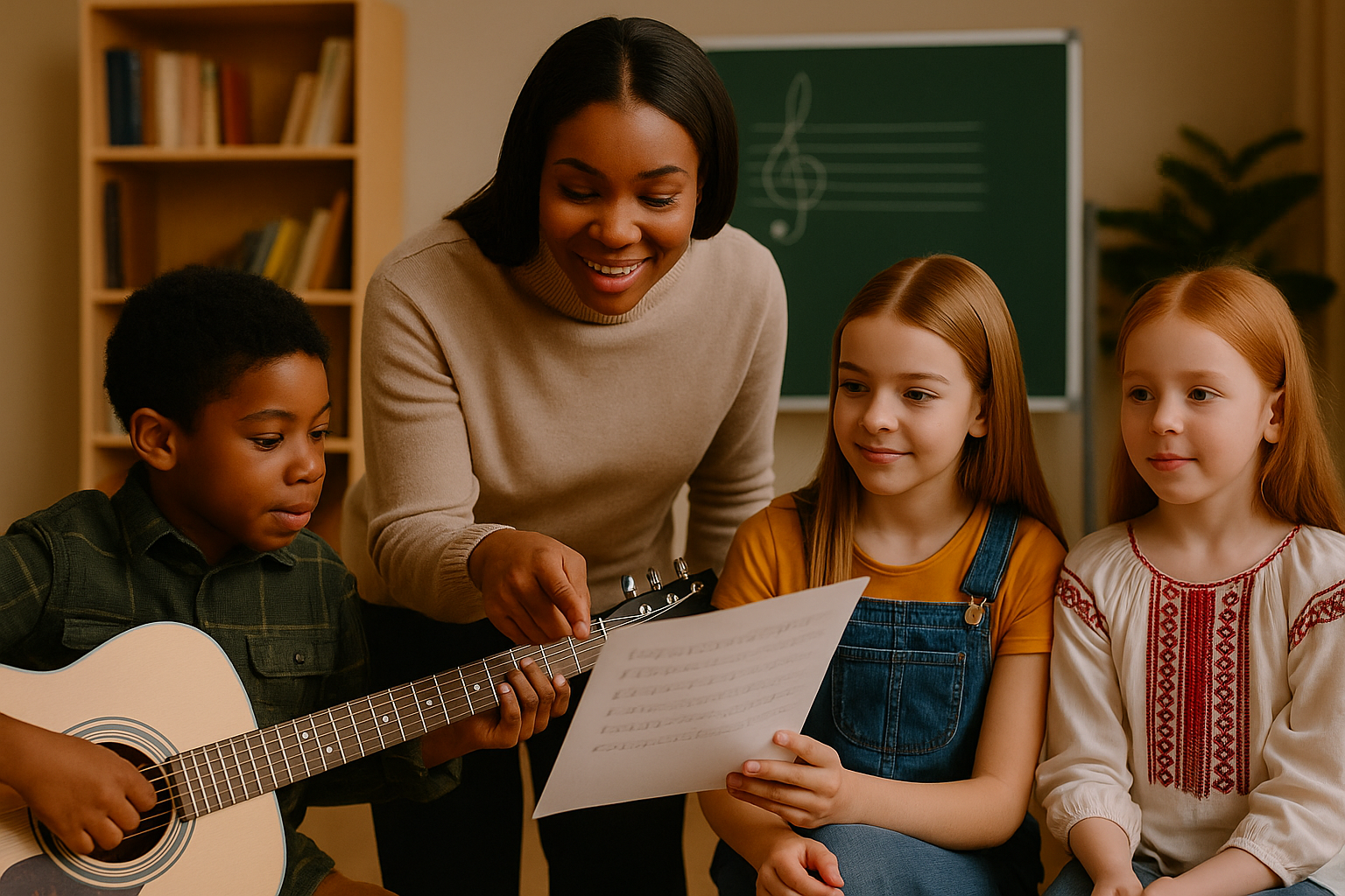 Mentor guiding children during music practice