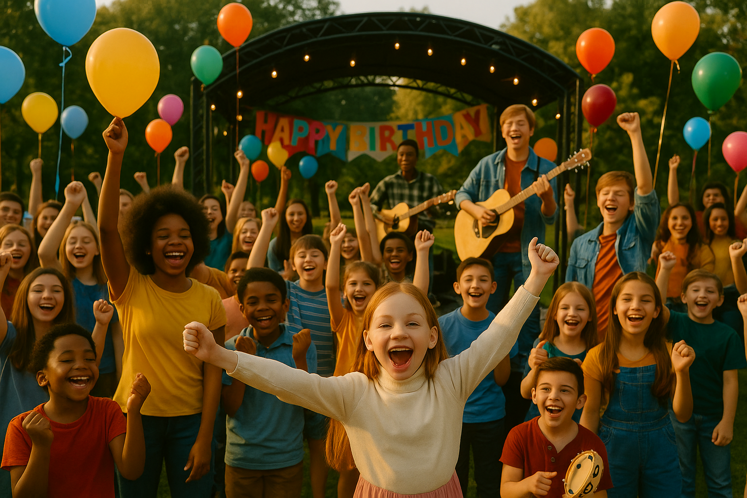 Outdoor birthday celebration with many children