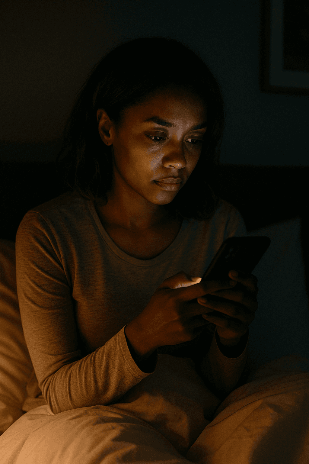 A person scrolling on phone at night